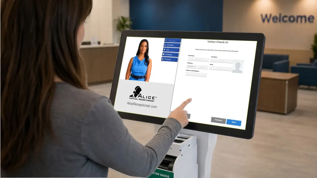 Woman checks into a Visitor Management System