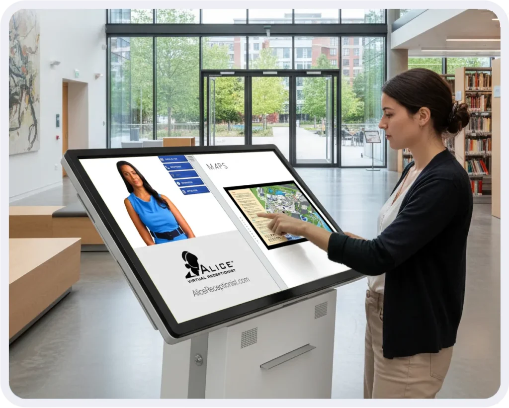 Citizen uses a wayfinding map on an ALICE Kiosk to navigate a library.