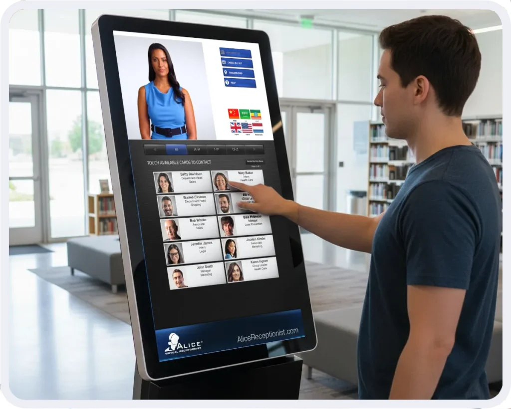Citizen uses an ALICE Kiosk to contact an on-site staff member for assistance.