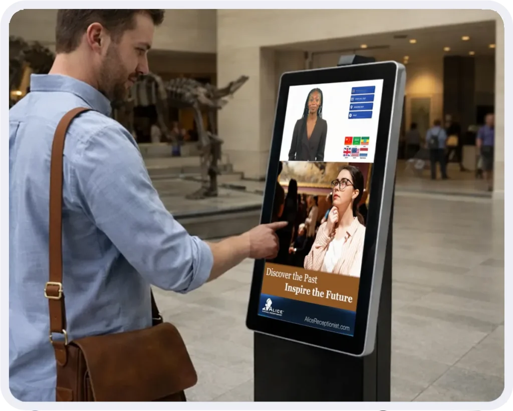 Visitor approaches a museum visitor management kiosk.
