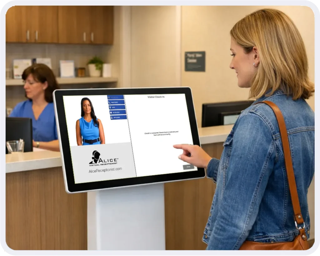 A patient finishes the check-in process on the healthcare visitor management kiosk.