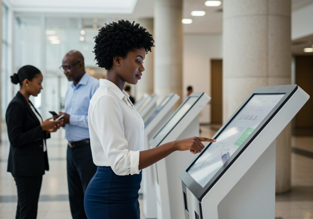 Woman using kiosk in government building