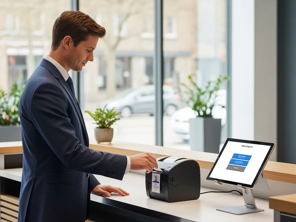 Person using a tablet visitor sign-in system to receive a visitor badge.