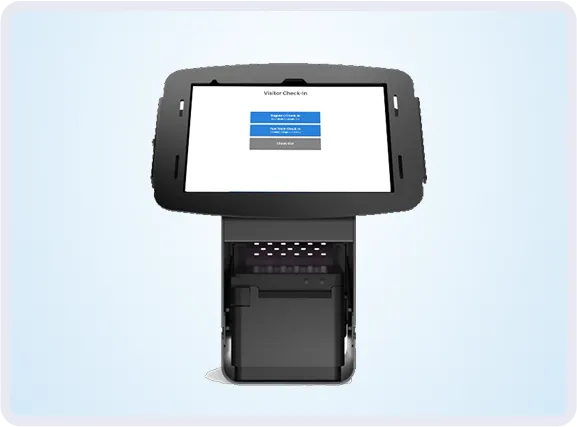 Carson visitor sign-in tablet kiosk with Surface Go 4 and integrated badge printer compartment.