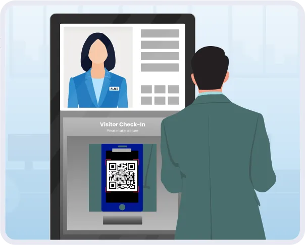 Office security visitor management kiosk with QR code check-in and badge printing.
