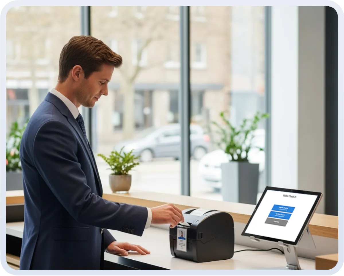 A visitor receiving their badge after checking in using their smartphone.