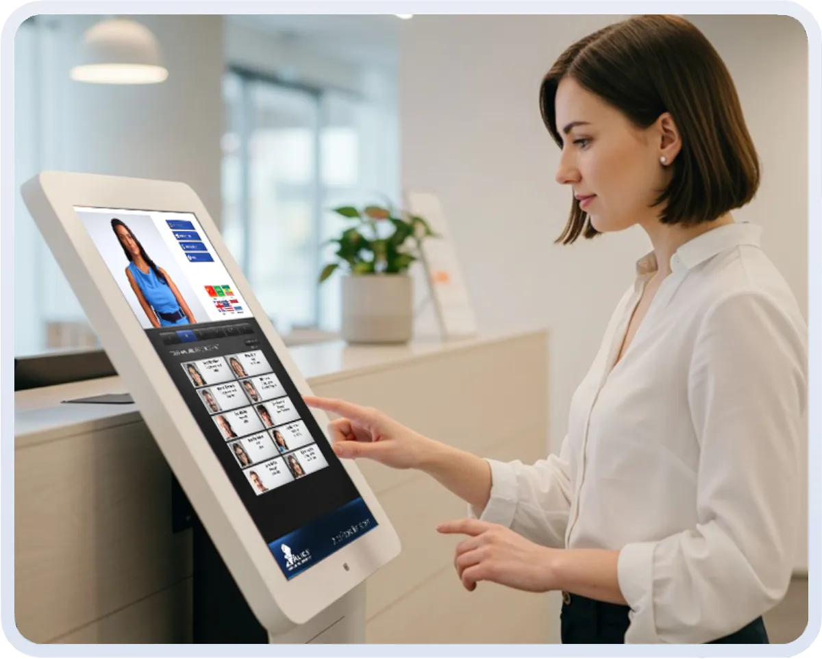 Visitor using an ALICE kiosk for law firm check-in