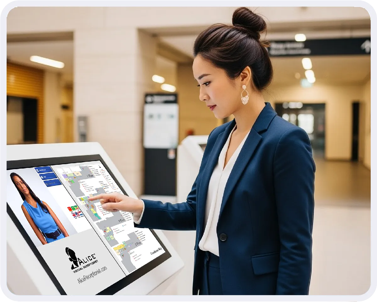 Wayfinding kiosk software displayed on a visitor check-in kiosk