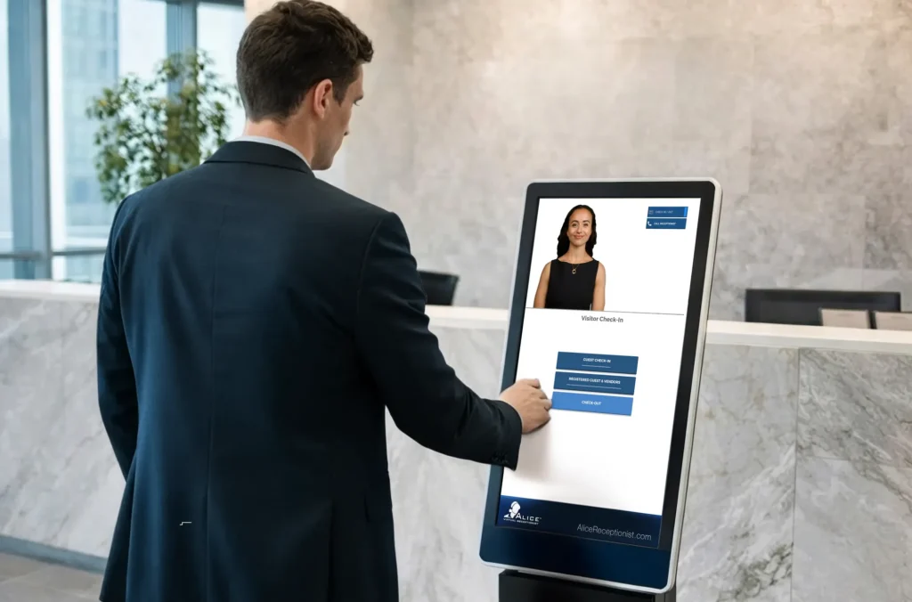 Man checks into a virtual front desk system that is branded with a company logo