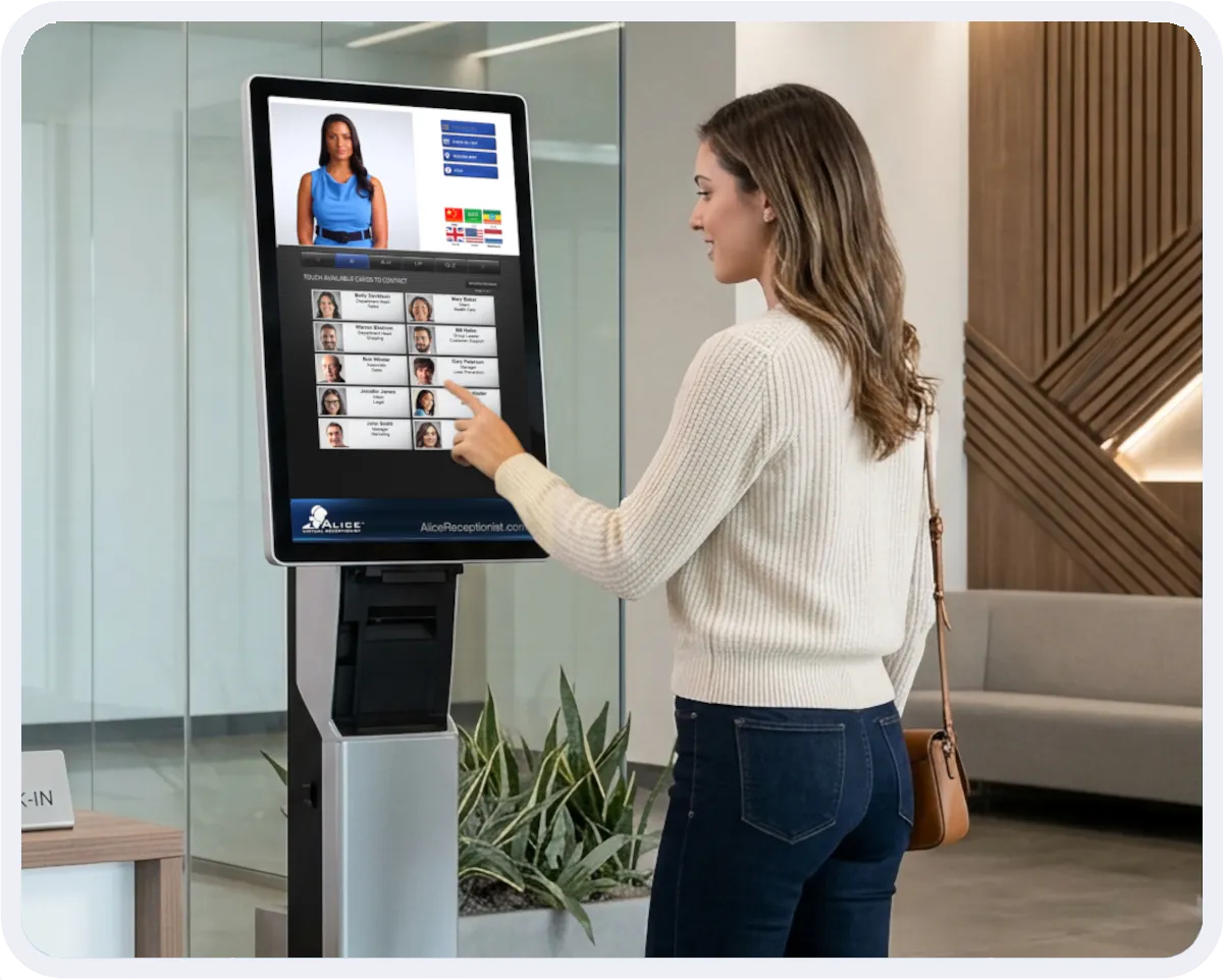 Visitor uses an automated receptionist system to contact their host.