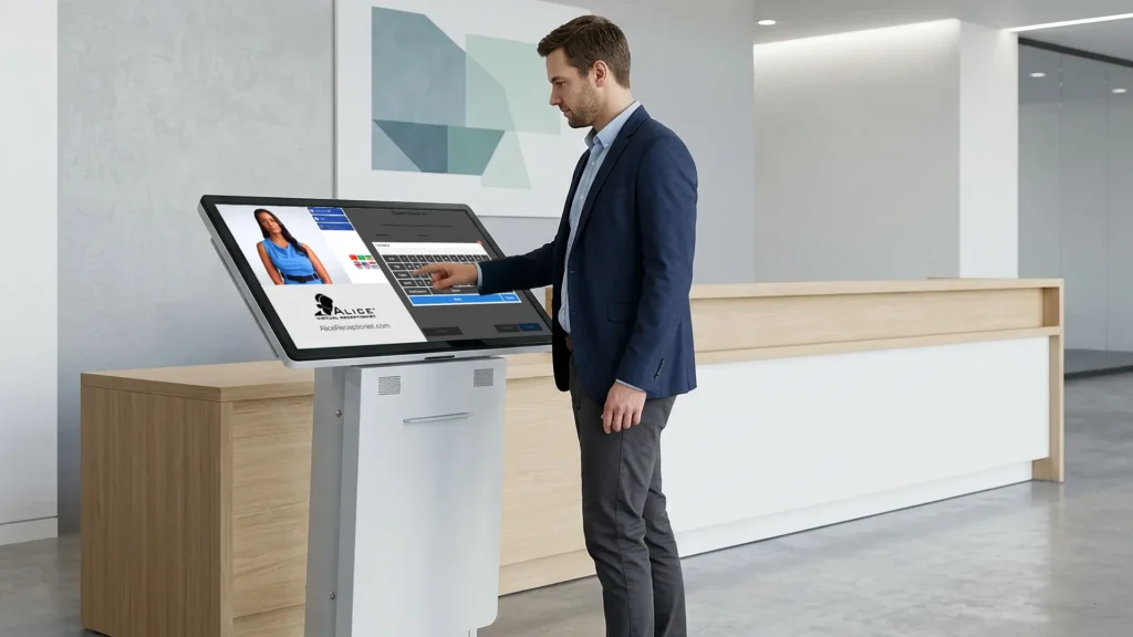 Visitor checks in at an automated receptionist kiosk in an unstaffed lobby.