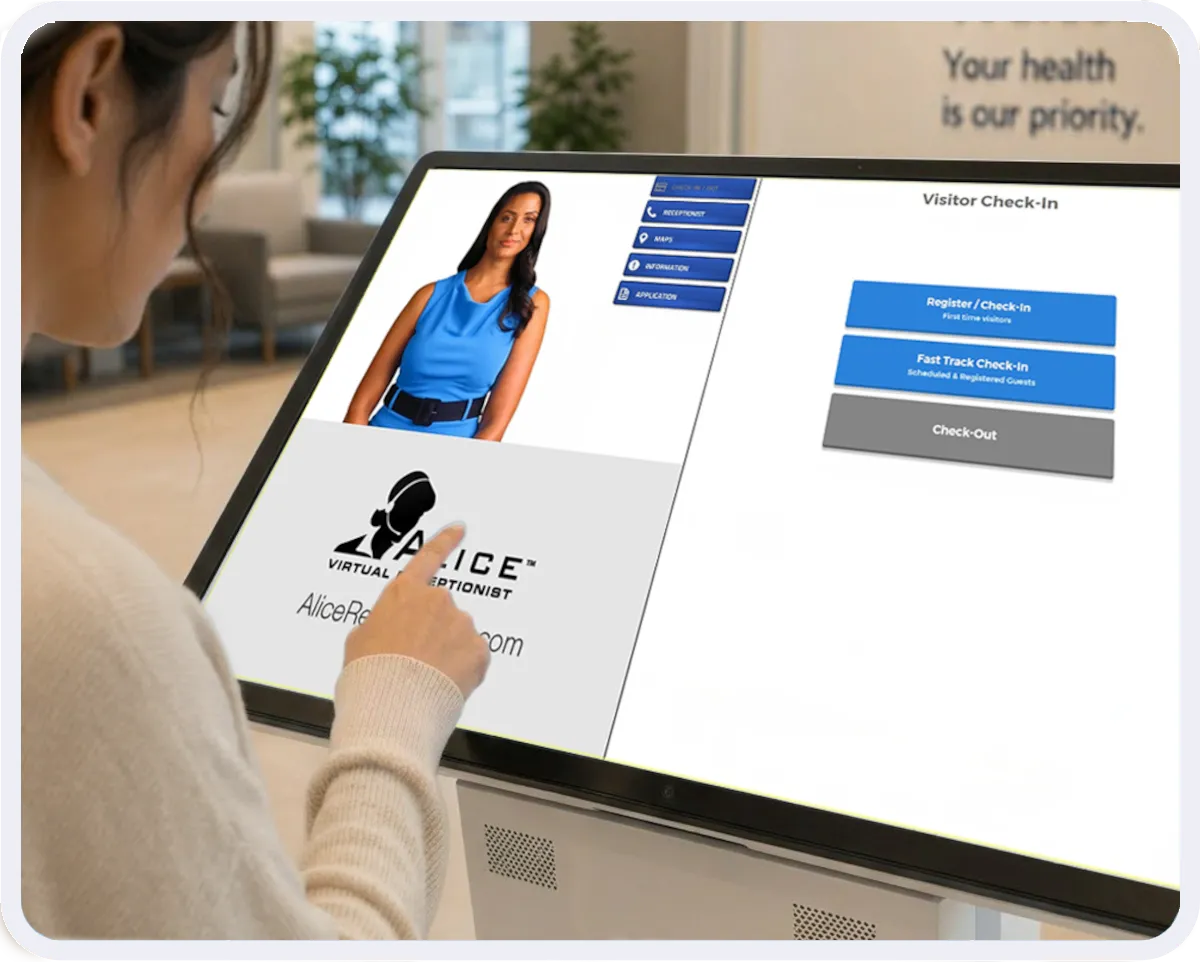 Visitor checks in on a visitor check in kiosk at a healthcare clinic.