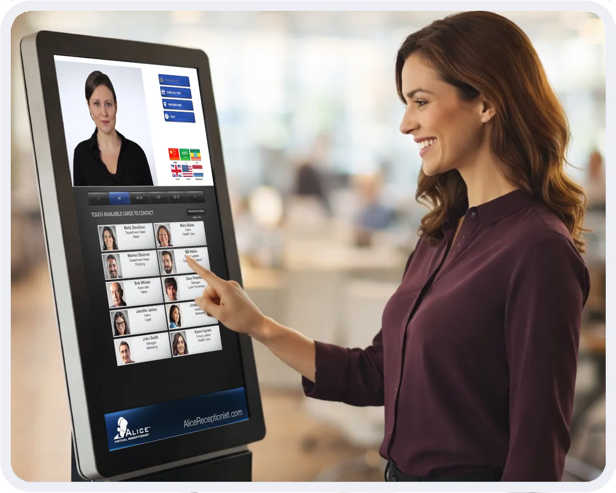 Visitor navigates a directory on a virtual receptionist system.