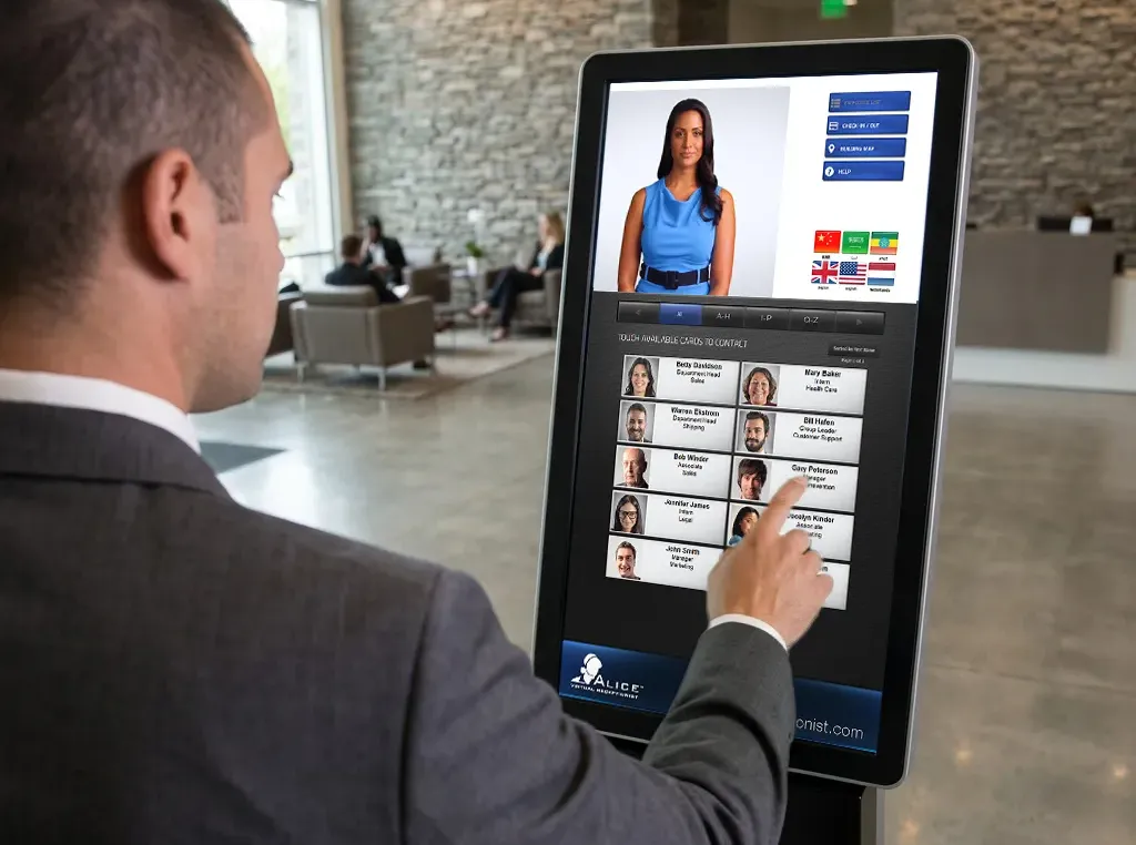 Visitor browses the directory of the visitor check in kiosk.