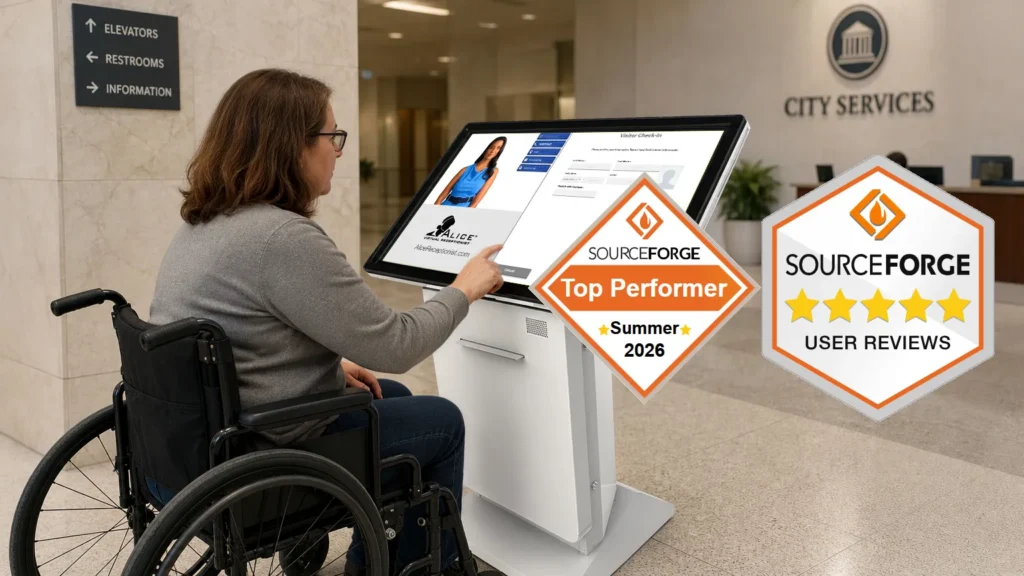 Visitor uses a ALICE system to check-in with a SourceForge Summer 2026 top performer badge overlayed