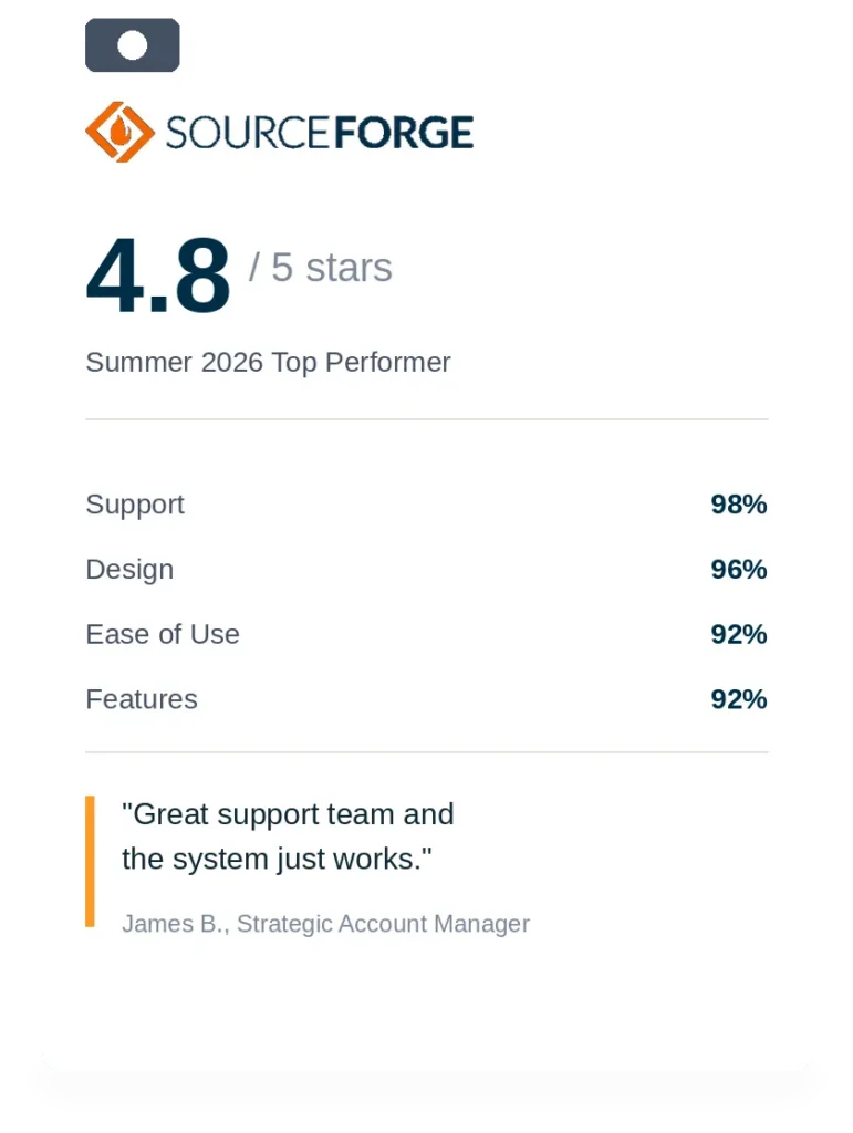 SourceForge Summer 2026 Top Performer badge, 4.8 out of 5 stars for ALICE Receptionist's visitor management system