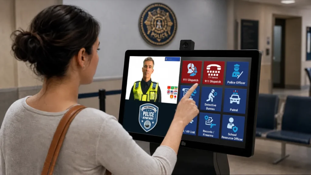 Citizen uses an ALICE Receptionist emergency kiosk for police stations and fire stations.