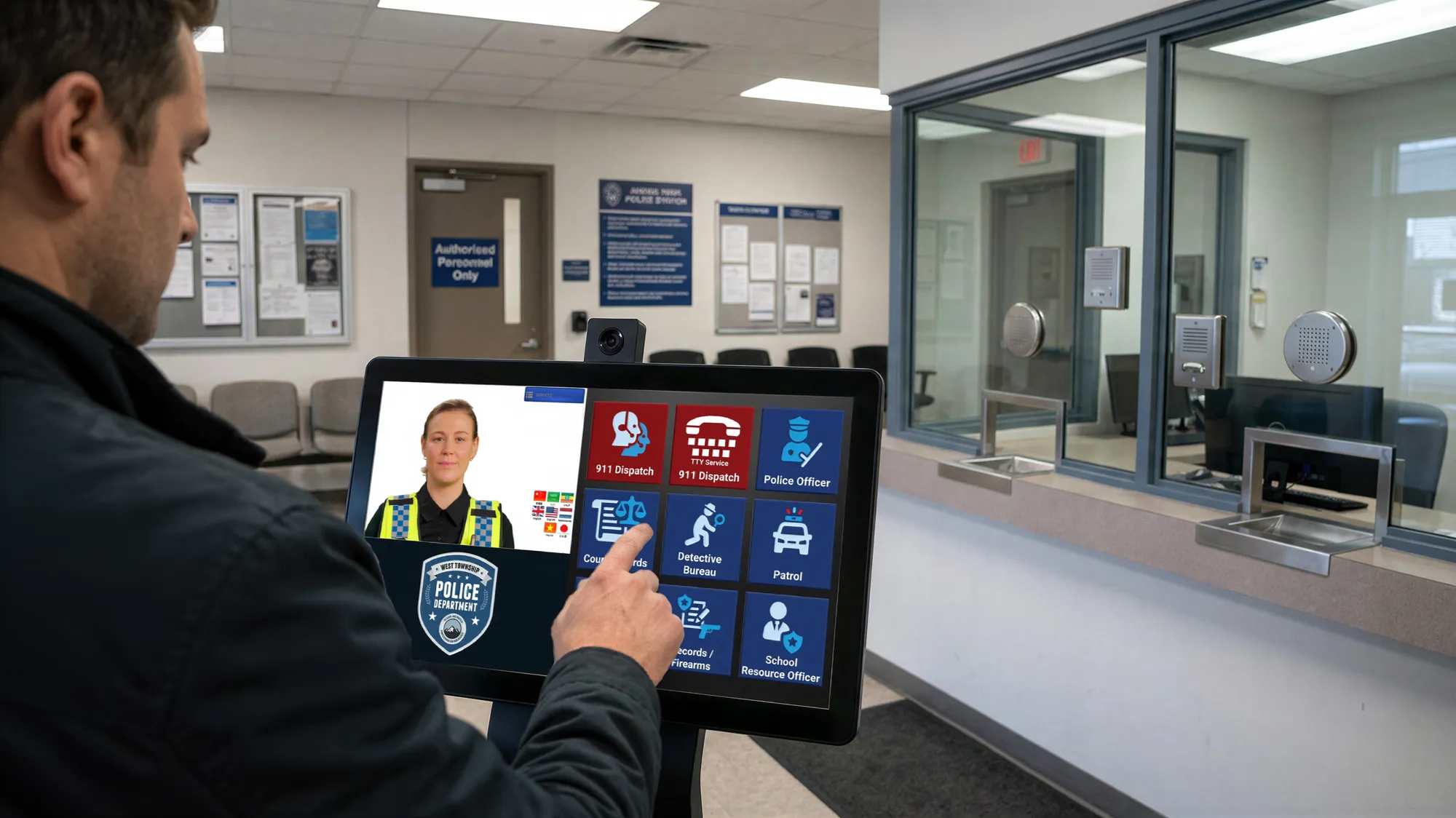A visitor uses a virtual front desk in an after-hours police lobby to route their request.