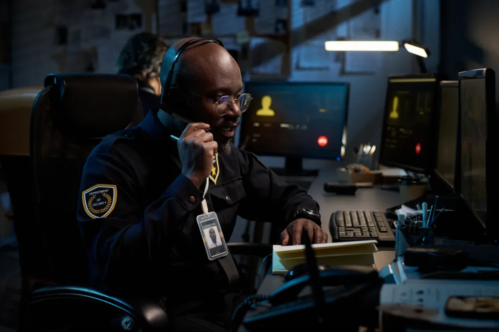 A dispatcher receives a call.